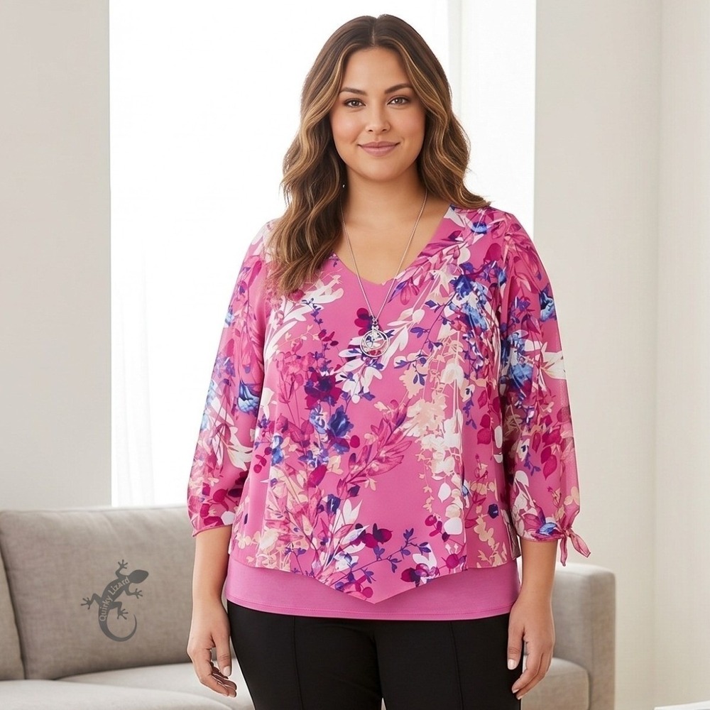 JM Collection Floral Chiffon Blouse NWT Women 1X Pink VNeck 3/4 Sleeve Necklace